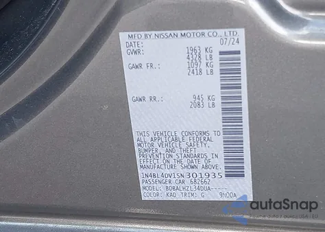 2025 Nissan Altima Sv Fwd z USA, uszkodzony, nr VIN 1N4BL4DV1SN301935